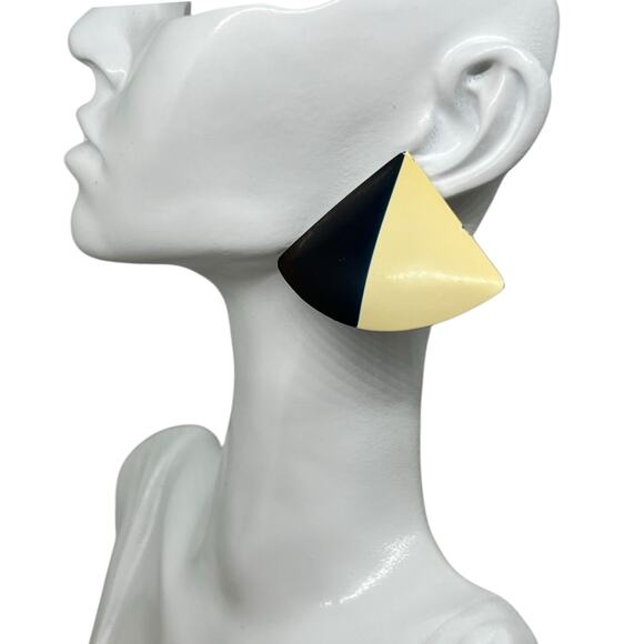 Geometric Two-Tone Cone Earring - Vintage Cream & Navy Statement Jewelry Pendant - Picture 3 of 8
